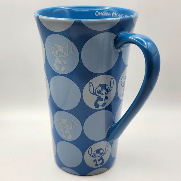Disney Stitch Ohana Means Family Blue Polka Dot 16oz Ceramic Mug Disney Store - Picture 4 of 8